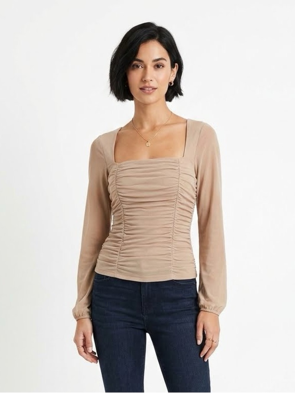 Wayf Ruched Square Neck Long Sleeve Top in Beige Size L